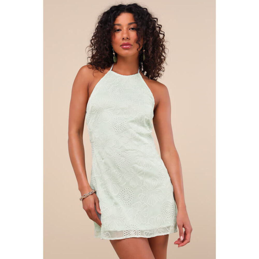 Lulus Letitia Light Sage Embroidered Halter Mini Dress Green - Size XS